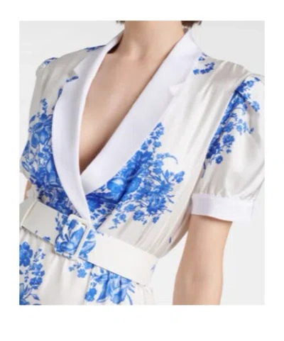 Rodarte White And Blue Floral Printed Silk Twill Collared Dress With Belt Detail Blue In Multi