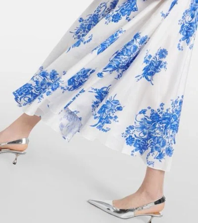 Rodarte White And Blue Floral Printed Silk Twill Collared Dress With Belt Detail Blue In Multi