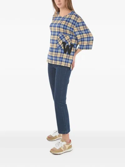 Woolrich Plaid Checked Oversized T-shirt With Maxi Monogram Patch In Blue