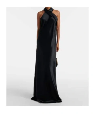 Galvan Pandora Halterneck Satin Gown In Black