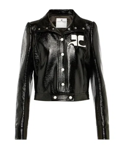 Courrèges Stretch Cotton Cropped Vinyl Jacket Reedition In Black