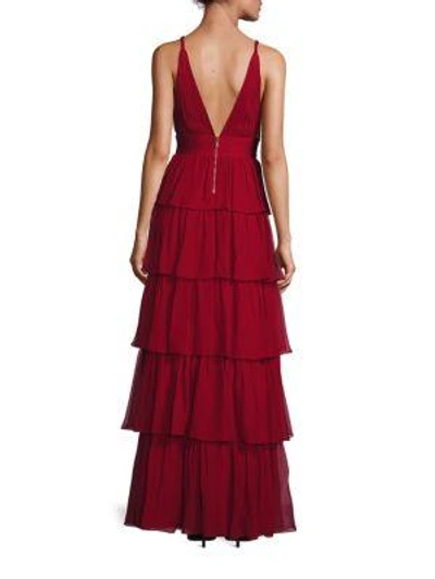 Shop Alice And Olivia Gianna Braid-strap Tiered Gown In Bordeaux