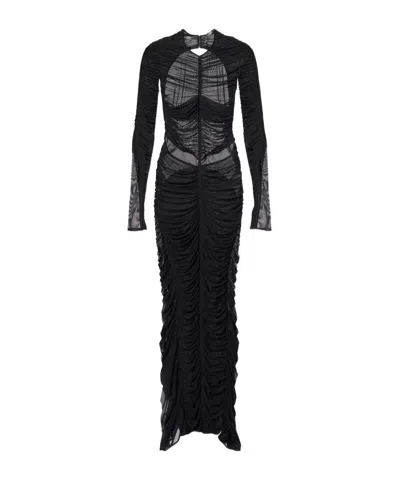 Mugler Ruched Open-back Mesh Gown In Black