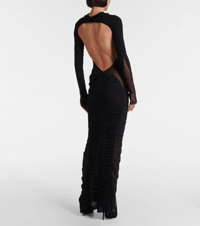 Mugler Ruched Open-back Mesh Gown In Black