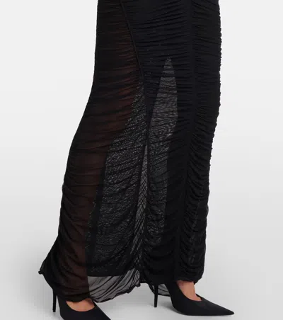 Mugler Ruched Open-back Mesh Gown In Black