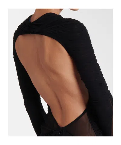 Mugler Ruched Open-back Mesh Gown In Black