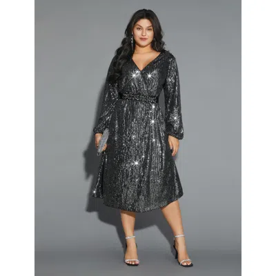 Bloomchic Solid Pocket Lantern Sleeve Wrap Sequin Dress In Silver