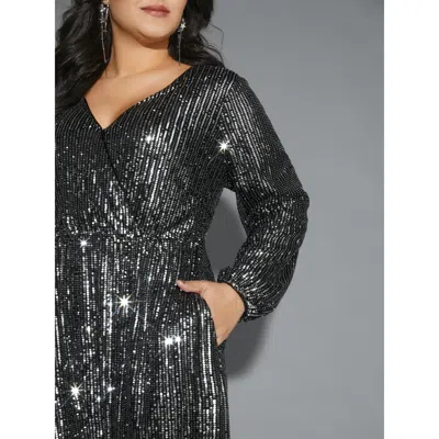 Bloomchic Solid Pocket Lantern Sleeve Wrap Sequin Dress In Silver