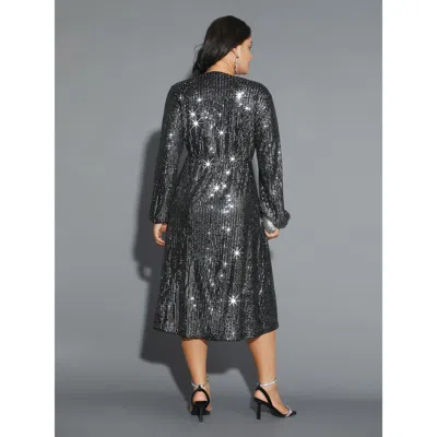 Bloomchic Solid Pocket Lantern Sleeve Wrap Sequin Dress In Silver
