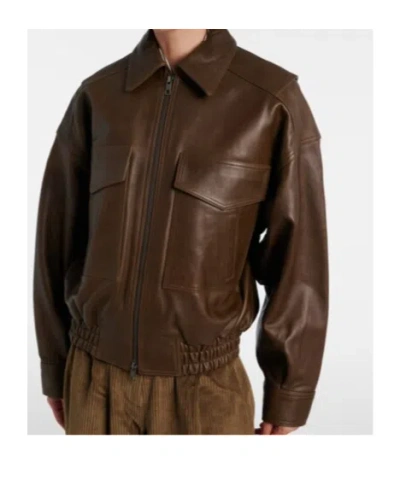 Staud Eugene Leather Bomber Jacket In Brown