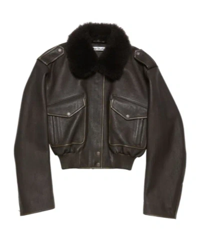 Acne Studios Leather Bomber Jacket In Gray