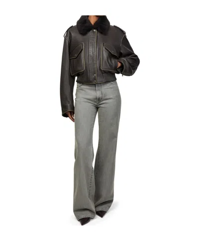 Acne Studios Leather Bomber Jacket In Gray