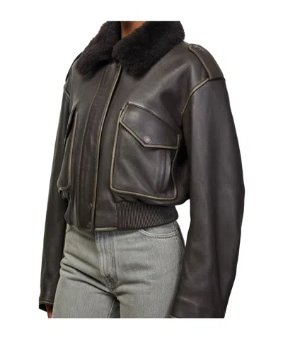 Acne Studios Leather Bomber Jacket In Gray