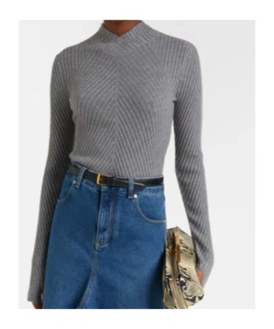 Victoria Beckham Fitted Ribbed Knit Sweater With Subtle V-neckline In Gray