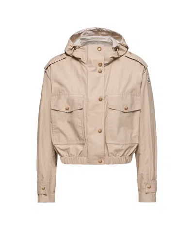 Moncler Carex Cropped Hooded Cotton-blend Poplin Jacket In Neutral