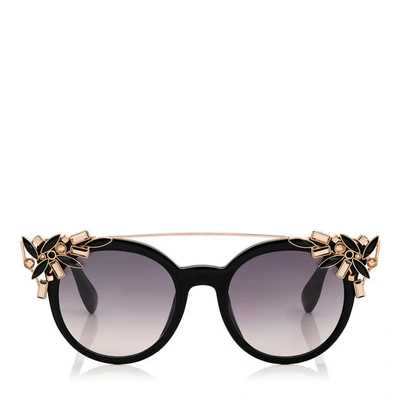 Shop Jimmy Choo Vivy Black And Gold Round Framed Sunglasses With Detachable Jewel Clip On In Dark Grey Shaded