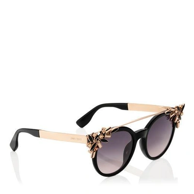 Shop Jimmy Choo Vivy Black And Gold Round Framed Sunglasses With Detachable Jewel Clip On In Dark Grey Shaded