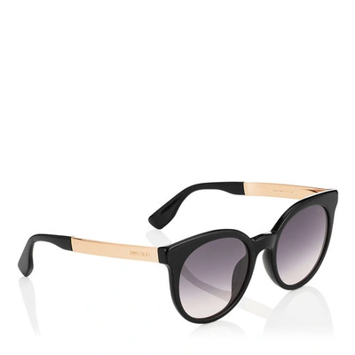 Shop Jimmy Choo Vivy Black And Gold Round Framed Sunglasses With Detachable Jewel Clip On In Dark Grey Shaded