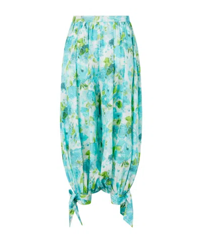 Chloé Floral-print Silk-jacquard Cropped Pants In Blue