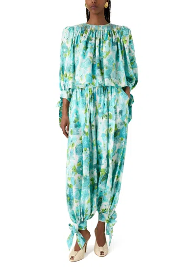 Chloé Floral-print Silk-jacquard Cropped Pants In Blue