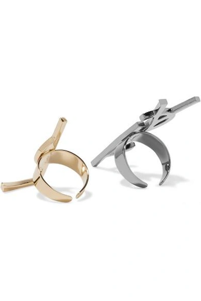Shop Saint Laurent Set Of Two Gold And Gunmetal-tone Crystal Rings
