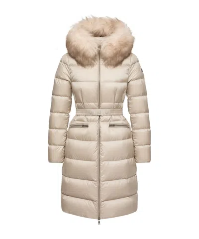 Moncler Boedic Hooded Shearling-trimmed Long Down Jacket In Neutral