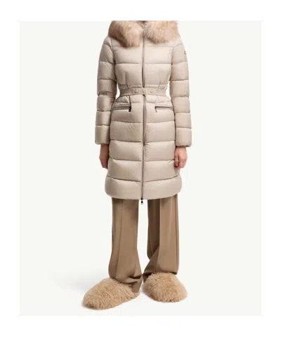 Moncler Boedic Hooded Shearling-trimmed Long Down Jacket In Neutral
