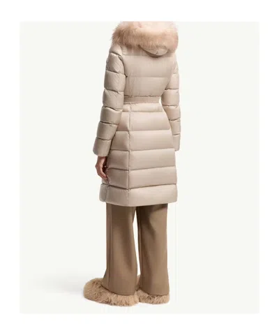 Moncler Boedic Hooded Shearling-trimmed Long Down Jacket In Neutral