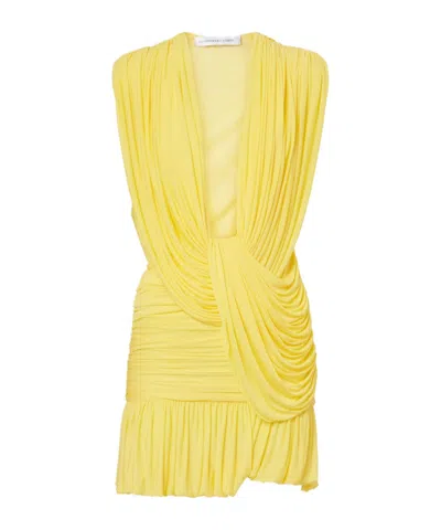 Christopher Esber Ripple Ruched Draped Jersey Minidress In Yellow