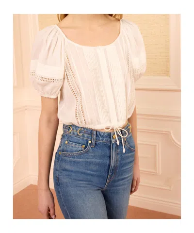 Ulla Johnson White Cropped Drawstring Voile Blouse In Multi