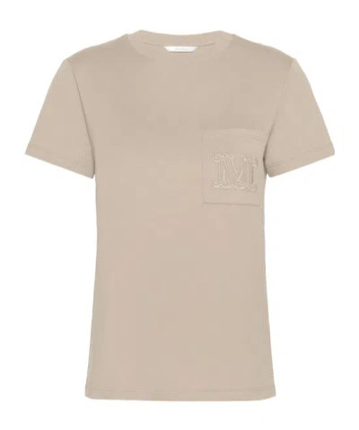 Max Mara Cotton T-shirt With Monogram And Patch Pocket In Brown