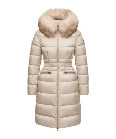 Moncler Boedic Hooded Shearling-trimmed Long Down Jacket In Nude