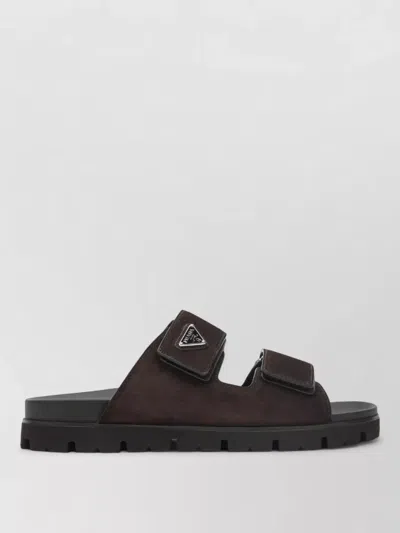 Prada Double Strap Open Toe Leather Sandals In Brown