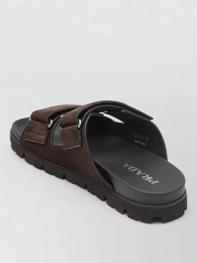 Prada Double Strap Open Toe Leather Sandals In Brown