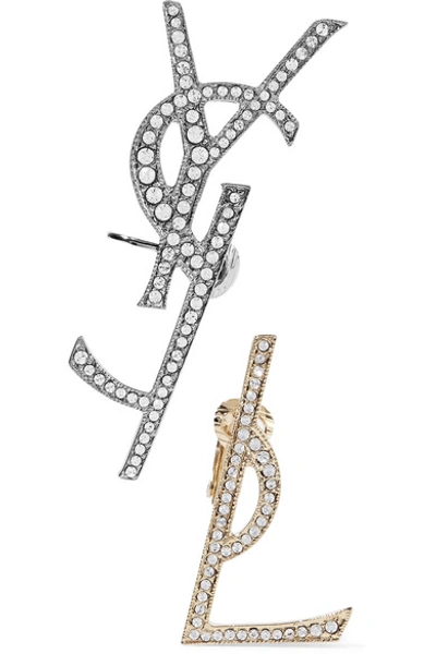 Shop Saint Laurent Gold And Gunmetal-tone Swarovski Crystal Clip Earrings