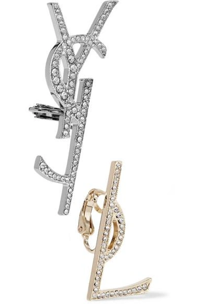 Shop Saint Laurent Gold And Gunmetal-tone Swarovski Crystal Clip Earrings