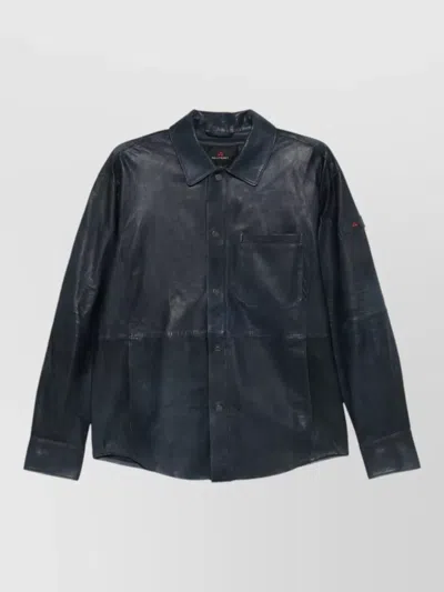 Peuterey Todd Leather Jacket Point Collar Chest Pocket In Blue