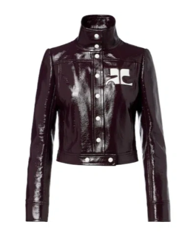 Courrèges Vinyl Blazer With Collared Neck And Long Sleeves In Brown