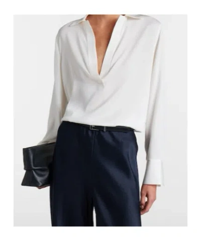 Vince Pleated Neck Silk-blend Blouse In White
