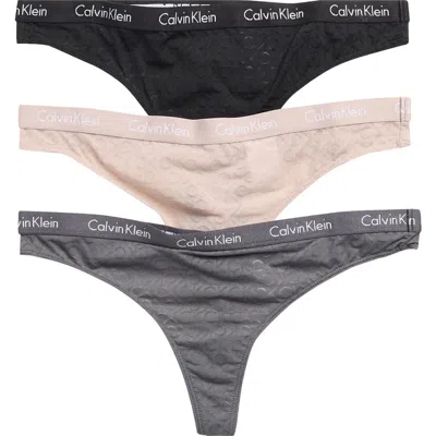 Calvin Klein Monogram 3-pack Mesh Thongs In Black/ Ashford Grey/ Fresh T