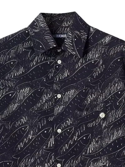 Jacquemus Rio Fish Print Shirt Short Sleeves Pocket In Black