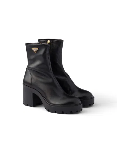 Prada Stretch Leather Platform Ankle Boots In Black