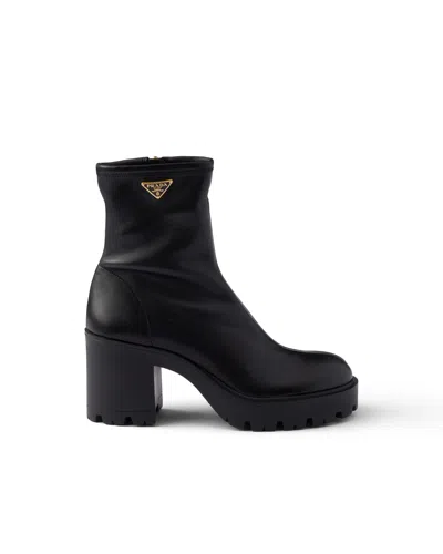 Prada Stretch Leather Platform Ankle Boots In Black