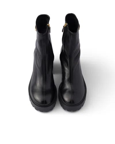 Prada Stretch Leather Platform Ankle Boots In Black