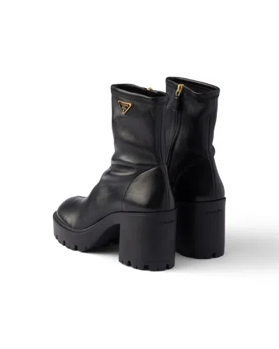 Prada Stretch Leather Platform Ankle Boots In Black