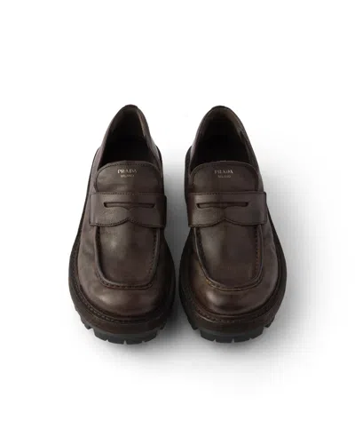 Prada Leather Loafers In Brown