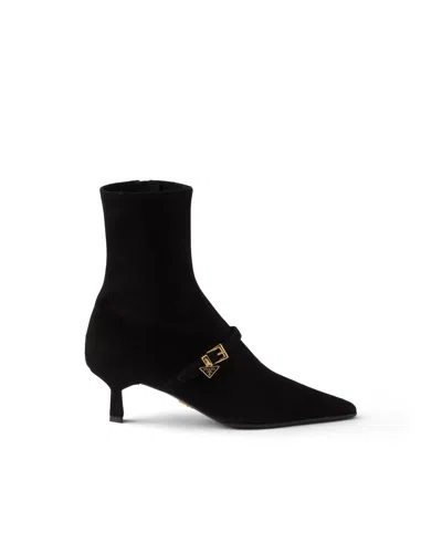 Prada Stretch Suede Booties In Black