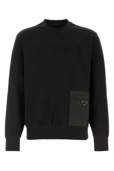 Prada Stretch Viscose-polyamide T-shirt Sweatshirt With External Pocket And Calf Leather Detail In Black