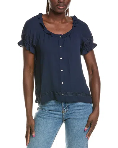 Cece Wide Ruffle Button Front Shirt In Blue