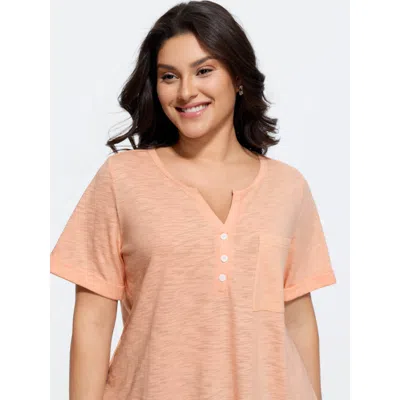 Bloomchic Solid Split Neck Button Detail T-shirt In Nudepink